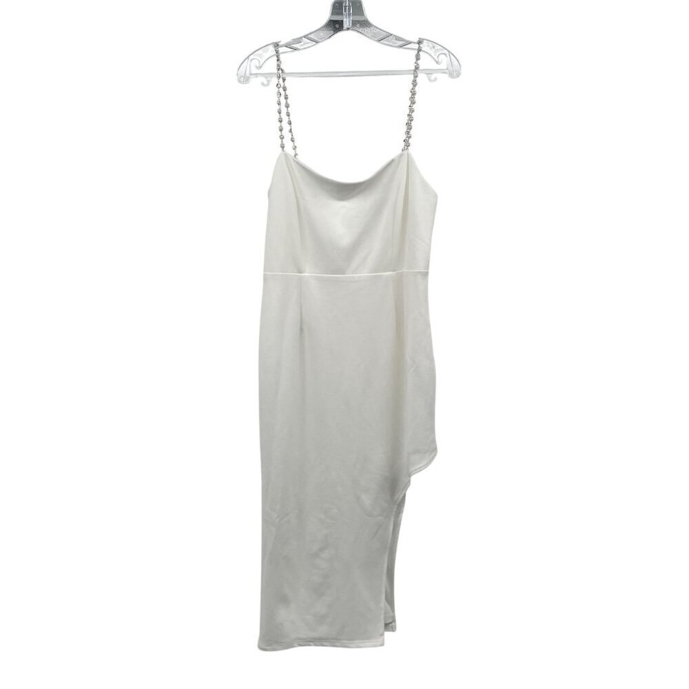 Lulus Asymmetric Midi Sheath Dress Pearl/Rhinestone Straps White Size Large